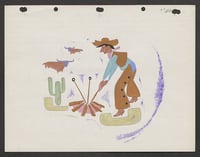 Watercolor painting of a cowboy in hat, vest, boots, and spurs tending a fire beside a cactus and two horned bulls.