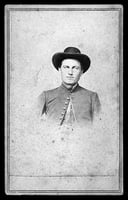 Black and white photograph of Ozias B, Baker, private, Second Company of Minnesota Sharpshooters, c.1862.