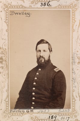 Black and white photograph of Merrill Dwelle, member of the Second Company of Minnesota Sharpshooters, c.1864. Photograph by Joel Emmons Whitney.