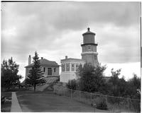 Black and white photograph of Split Rock Lighthouse by Eugene Debs Becker taken in August of 1959.