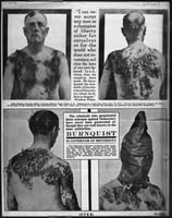Black and white photograph of men tarred and feathered in Minnesota during 1918 campaign by anti-Nonpartisan Leaguers,  c.1918.