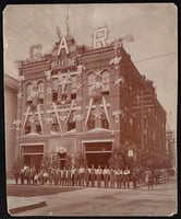 St. Paul Fire Department headquarters, northwest corner of Eighth and Minnesota, decorated for the Thirtieth National Encampment of the Grand Army of the Republic.