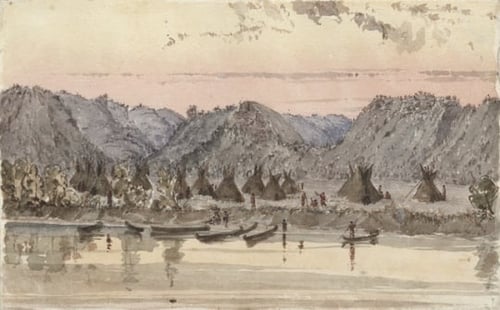 Watercolor on paper depicting Chief Wabasha’s village on the Mississippi River. Painted c.1845 by Seth Eastman.