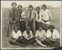 Black and white photograph of the Phyllis Wheatley House diamond ball team, summer 1926. Ethel Ray (later Ethel Ray Nance) stands at the far left.