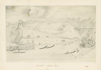 Graphite drawing of Fort Snelling showing landing road with root cellars beneath it and Dakota people in the foreground, c.1856. Drawing by B. C. H.