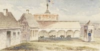 Watercolor painting of the interior of Fort Snelling, c.1853. Painting by George F. Fuller.