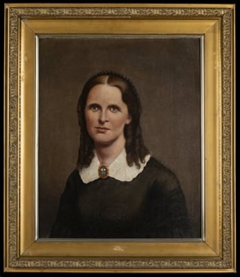 Oil-on-canvas portrait of Harriet Bishop. Painted c.1880 by Andrew Falkenshield based on an engraving of Bishop made in 1860.