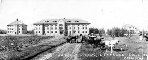 Black and white postcard picturing the dedication of Stephens Hall, with James J. Hill, in 1908.