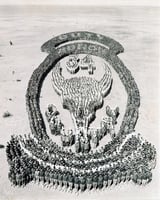 Black and white photograph of Thirty-fourth soldiers at Camp Cody, New Mexico, form an “animated” image of their shoulder insignia, just prior to their departure from camp, August 18, 1918.