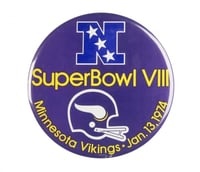 Color image of a circular pin-back button supporting the Minnesota Vikings professional football team in Super Bowl VIII, 1974.