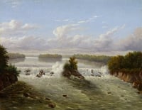 Color image of Owamniyomni (St. Anthony Falls), 1848. Oil painting by Seth Eastman.