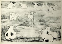 Cows and Calf, undated. Etching on paper by Clara Mairs.