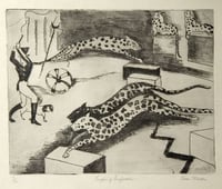 Leaping Leopards, c.1930. Etching on paper by Clara Mairs.