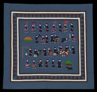 Color image of a Hmong paj ndaub, or story cloth, illustrating Hmong New Year activities. Made in Ban Vinai, Thailand, c.1989.