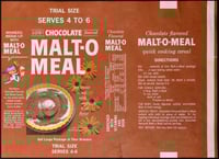 Trial-size box label for then-new Chocolate Malt-O-Meal, 1961. Used with the permission of Post Consumer Brands and Northfield Historical Society.