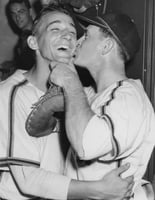 Rox manager Charlie Fox smacks Ramon Rosey Rosenkranz after a win in 1950. From the Stearns History Museum, St. Cloud.