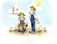 Drawing of two individuals contemplating how to grow corn in Minnesota’s cold climate.