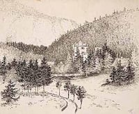 Kloestevl und Jagdschloss in Hinterviss, Tyrol, 1874. Pen and Ink on paper by Robert Koehler.