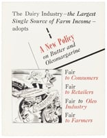 Editorial cartoon, commissioned by the National Cooperative Milk Producers Federation, advocating repeal of the federal tax on oleomargarine and the continuation of the ban on yellow margarine, 1949. Image from the Roy Wier Papers, 1920–1969, Minnesota Historical Society.
