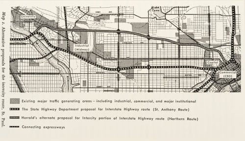 Map of the Interstate 94 corridor, 1965. From Alan A. Altshuler’s The City Planning Process: A Political Analysis (Ithaca, NY: Cornell University Press, 1965). Used with the permission of Cornell University Press.