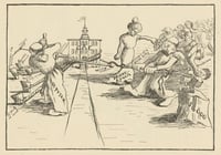 Cartoon showing the tug-of-war between the cities of Minneapolis and St. Peter for the location of the new Gustavus Adolphus College, from Manhem: Gustavus Adolphus Annual, 1904.
