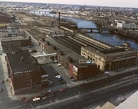 Color image of an aerial view of the Great Northern Depot and the surrounding area, looking north, 1978.