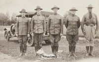 Black and white photograph of Reviewing officers at Motor Corps encampment, Fairmont, c.1918. (L to R) W.A. Curtis, Edward Karow, unidentified, unidentified, Motor Corps commander, Colonel W.A. Stephens.