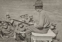 Black and white photograph of Colonel Bellows of the Minnesota National Guard giving instruction in riot stick usage. Camp Lakeview, Lake City, Minnesota, September, 1918.
