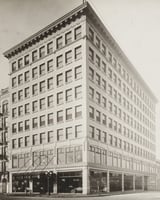 Black and white photograph of Motor Corps headquarters at Colonel Winfield Stephens Buick dealership in Minneapolis, c.1918.
