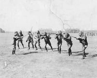 Black and white photograph of bayonet drill at the Officers’ Training Camp, Fort Snelling, 1917.
