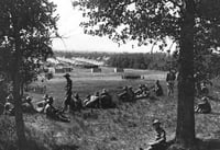 Black and white photograph of officer candidates overlooking encampment at the Officers’ Training Camp, Fort Snelling, 1917.