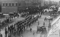Black and white photograph of Brown County draftees on their way to training camp, 1917.