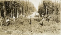 Black and white photograph of Civilian Conservation Corps workers building a road near Roosevelt, Minnesota, ca. 1933. Photographed by J. A.Gjelhaug.