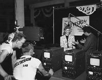 Black and white photograph of Twin City Television Lab broadcasting at the Minnesota State Fair, 1947.