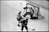 The Minnesota North Stars’ goalie Gilles Meloche defends a shot on goal by the Islanders’ Anders Kallum in a Stanley Cup finals game at the Met Center in 1981.