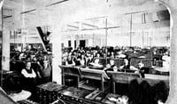 Black and white photograph of typesetters at West Publishing Company before the introduction of Linotype machines, 1885.