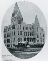 Black and white photograph of a horsecar in front of Central High School, Minneapolis, 1878.