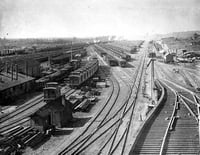 Black and white photograph of the large classification yard and part of the shops complex at Proctor, 1900.