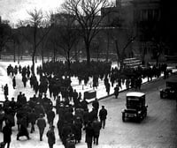Black and white photograph of Street Railway union supporters gathering in Rice Park in St. Paul on December 2, 1917 for a meeting.
