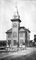 Black and white photograph of the Crookston IOOF building, ca. 1900.