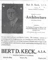 Black and white scan of an ad Keck placed in Stuart, Florida, when he moved there in 1925 and set up an architectural practice.