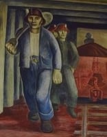 Color image of a detail view of Iron Ore Mine, Elsa Jemne’s mural for the Ely Post office, 1940.