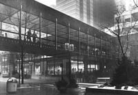 Black and white photograph of skyway spanning Nicolett Mall, Minneapolis, c.1974.