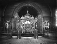 Black and white photograph of the interior of the sanctuary in St. Mary’s Orthodox Cathedral, c.1910.