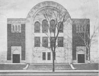 Black and white photograph of Beth El Synagogue at Penn and Fourteenth Avenue North in Minneapolis, 1938.