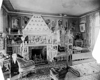 Black and white photograph of a bedroom during the occupancy of George Finch, Griggs House, 432 Summit Avenue, St. Paul, c.1884.