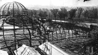 Black and white photograph showing construction of the conservatory, ca. 1915.