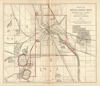 Map detailing Clevelands proposal for a system of parkways in Minneapolis, 1883.