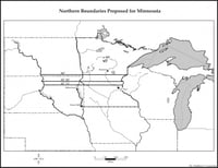 Map of three northern boundaries proposed for the state of Minnesota at varying degrees of latitude.