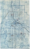 Color scan of a war map of Minneapolis likely drawn during the Twin Cities Streetcar strike, 1917.